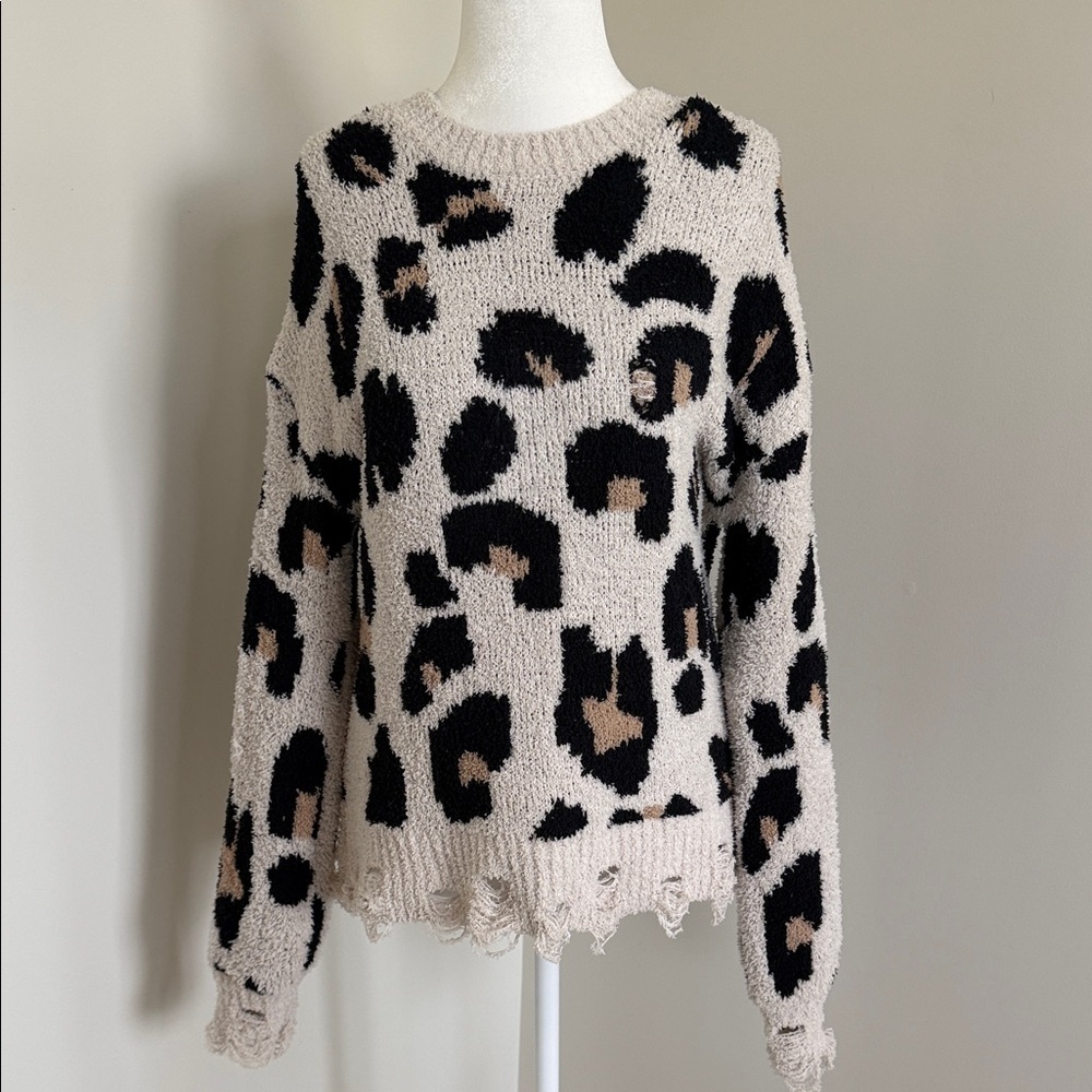 ALTAR’D STATECozy Cream Leopard-Print Fringe Sweater size Xs